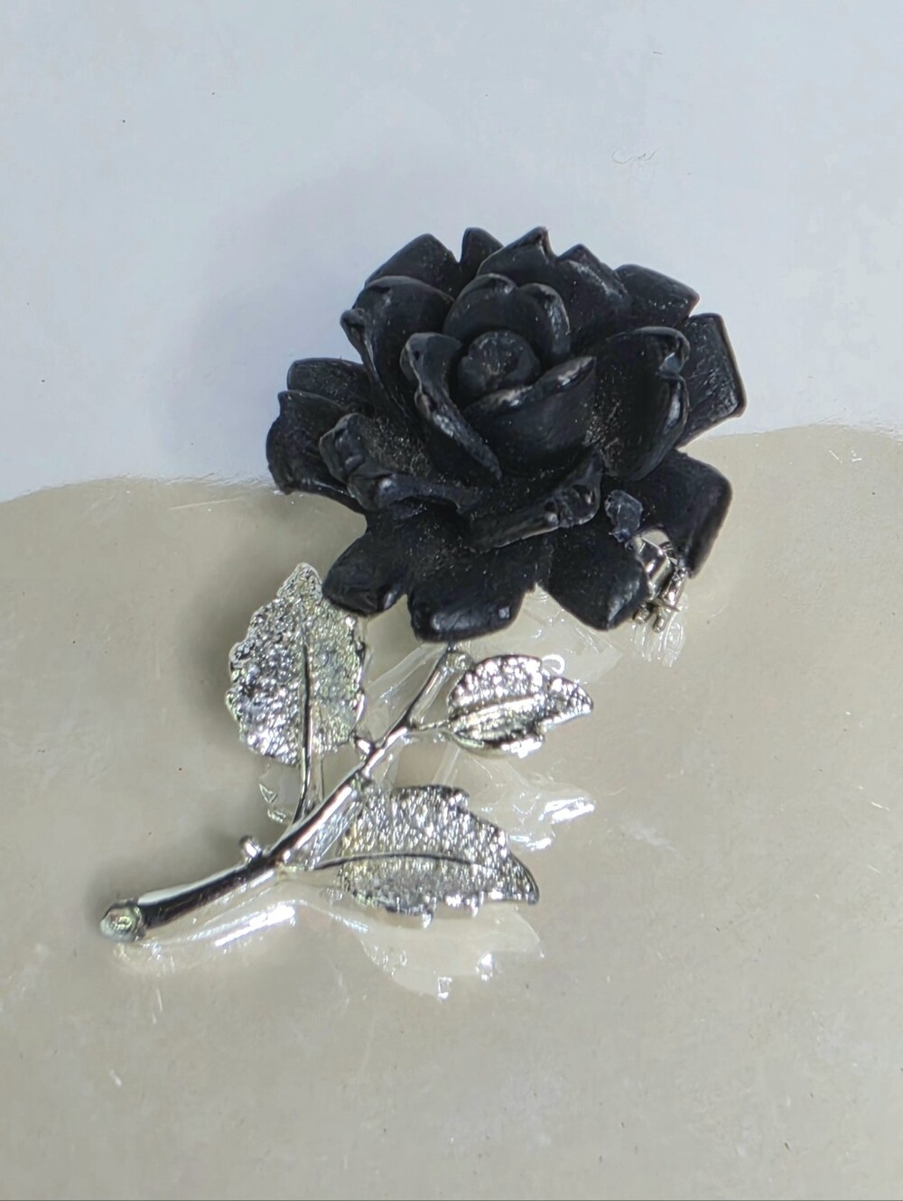 Vintage Black Resin Rose Silver Tone Brooch